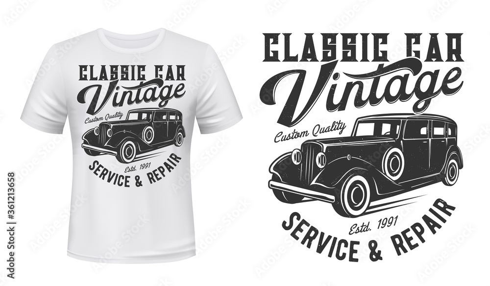 Vintage car t-shirt vector mockup, apparel custom design print. Old black  enclosed limousine car and grunge lettering. Classic vehicles repair and  restoration service emblem or icon Stock Vector | Adobe Stock