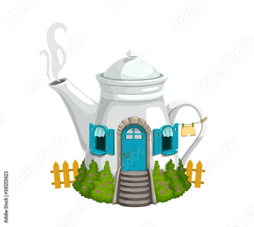 Cartoon ceramics white kettle or teapot gnome house with wooden door, windows and steaming pipe. Fantasy building with green bushes, fence and linen on rope. Fairytale gnome or elf cute house