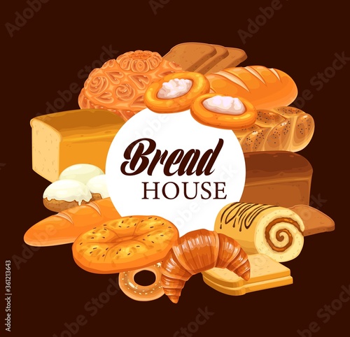 Pastry and bread round vector banner. Sweet pastry and bakery products. Baked wheat and rye bread, loaf and baguette, bagel with cheese, swiss cream roll, challah, flatbread and croissant