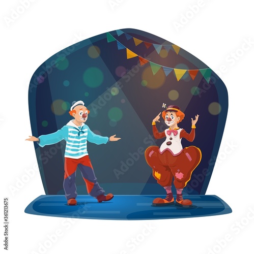 Big top circus clowns characters performing on stage. Two clowns with false noses, wearing sailor and tramp costumes, entertains audience with theatrical performance or pantomime show cartoon vector