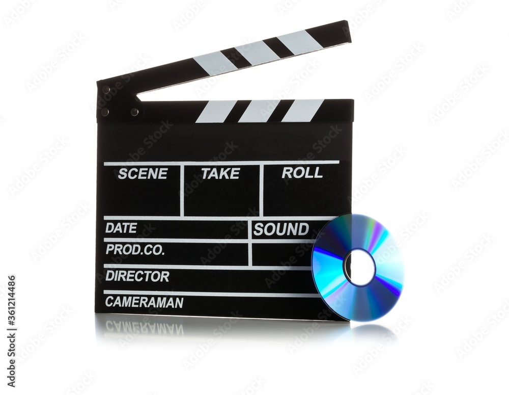 Fototapeta premium Single, black, open movie clapper or clapper-board with dvd movie disc on white - digital movie, home cinema or movie night concept