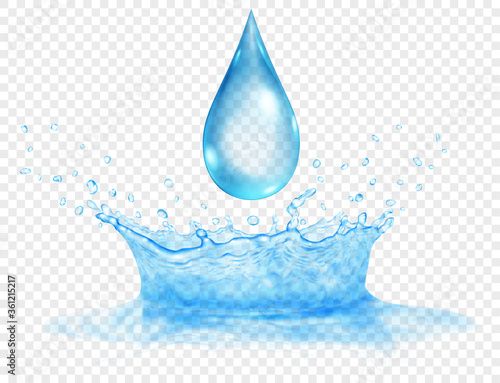 Translucent water crown of two layers - top and bottom, and big drop. Splash in light blue colors with drops, isolated on transparent backdrop. Transparency only in vector file