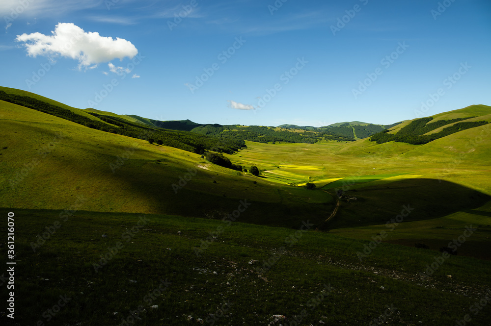 Obraz premium The beginning of flowering around Castelluccio di Norcia (June 2020): fields in lavish color, with red poppies, yellow rapeseed and other flowers.