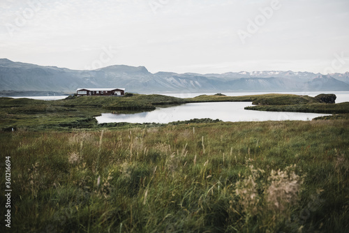 Panorama of the sea and mountains, a typical landscape in Iceland.