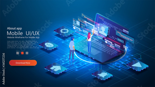 UX / UI design concept  conceptual laptop with a disassembled interface. People interact with parts of the interface. User experience. Flat isometric vector illustration isolated on blue background.
