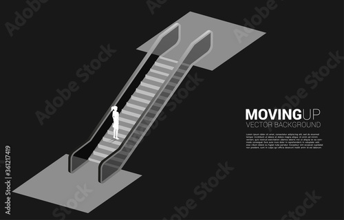 Silhouette of businesswoman moving up by escalator. Concept of career path and business growth.