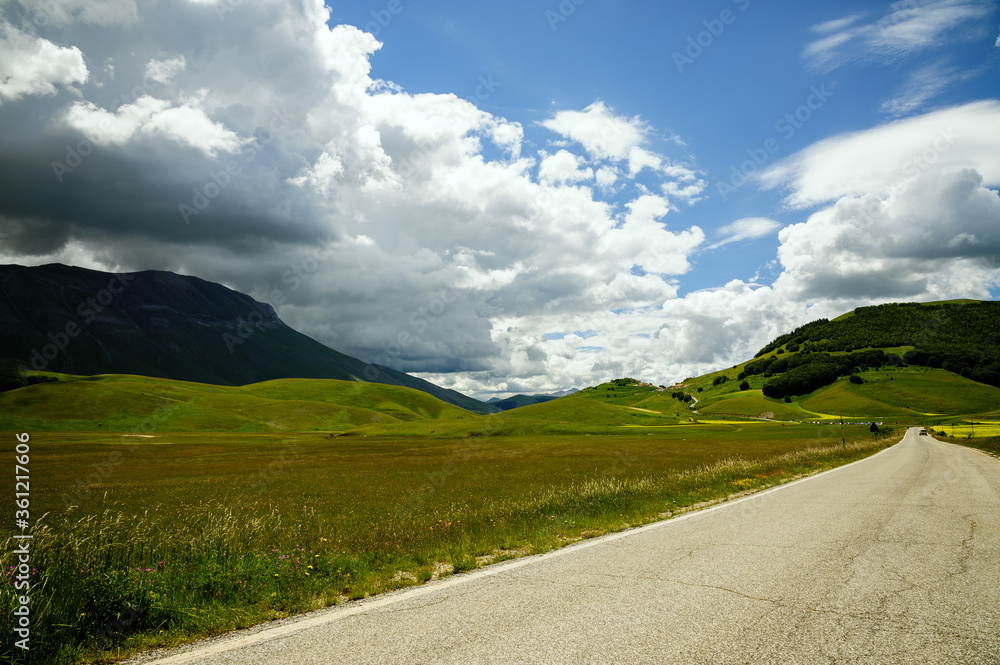 Beginning of flowering of Castelluccio di Norcia (June 2020): fields in lavish color, the small town on the hill and Monte Vettore in the background.