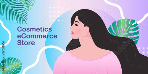 vector illustration of a portrait of a beautiful girl with a nature. cute card, banner, poster for cosmetics online.