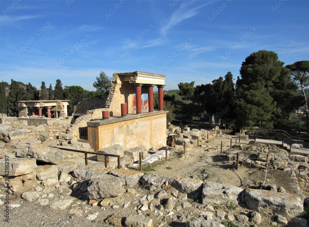 View of the ruins of the Palace of Knossos near Heraklion on the island of Crete in Greece