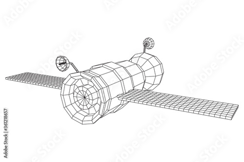 Space station communications satellite. Wireframe low poly mesh vector illustration.