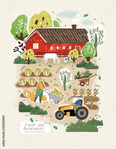 Farm and agriculture. Vector cute illustrations of men carries wheelbarrow cart, tractor on field, vegetable harvest in garden, red barn, trees, horse. Freehand drawings for poster, banner or postcard