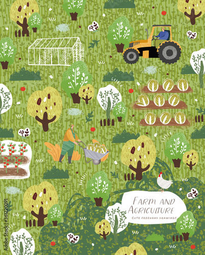 Farm and agriculture. Vector pattern illustrations of people cares for garden, potted plant, men carries wheelbarrow, tractor on field, greenhouse, grows organic vegetables. Drawings for poster, cover