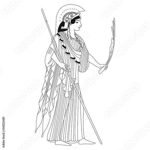 Ancient Greek goddess Athena holding branch. Vase painting style. Black and white linear silhouette.