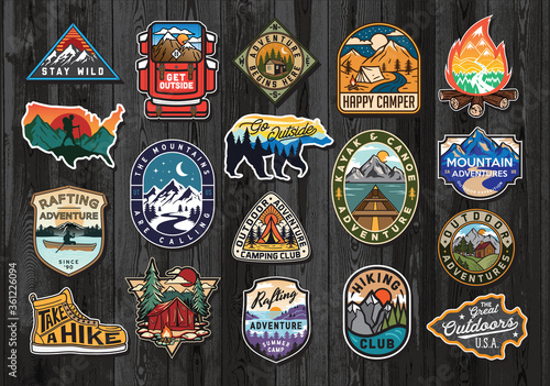 Set of Vintage Outdoor Summer Camp Logo Patches on Wood board. Hand drawn and vector emblem designs. Great for shirts, stamps, stickers logos and labels.