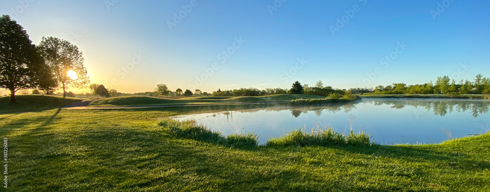 early morning on the golf course pond geese sunny fog - obrazy, fototapety, plakaty 