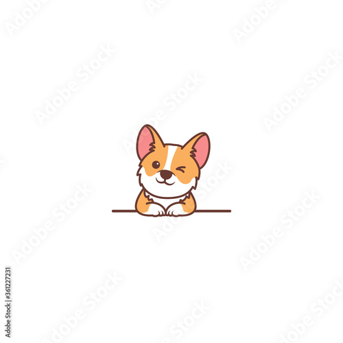Cute corgi dog winking eye over wall cartoon, vector illustration