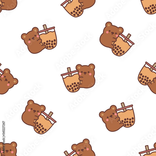 Cute bear loves bubble tea cartoon seamless pattern, vector illustration