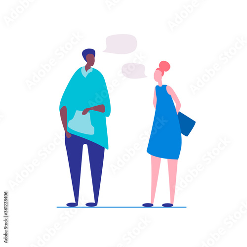 A break in work  a in college. Conversation of students  freelancers. A Afro-American man and a european woman talking. Vector Illustration  flat style  isolated on white background