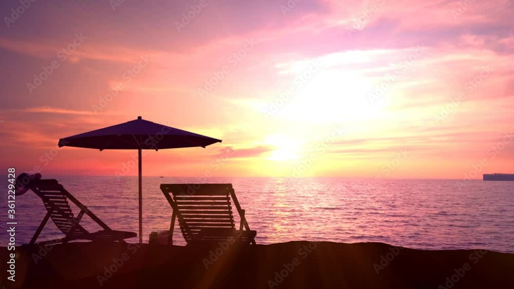 Empty deck chairs and beach umbrella on empty ocean beach. Empty deck chairs and beach umbrella on empty ocean beach.