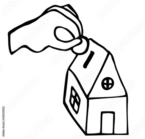 Black and white icon of a hand investing coins in a house, real estate investment concept, vector illustration