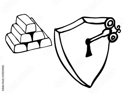 Icon of black and white gold bars and a shield with a key in the lock, protection concept, vector illustration