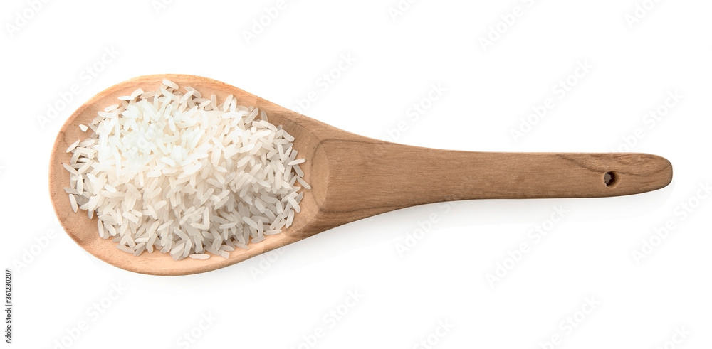 rice in wooden spoon on white background rice in wooden spoon on white background