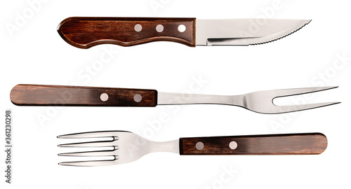 Fotografia Steak fork and knife on a white background.