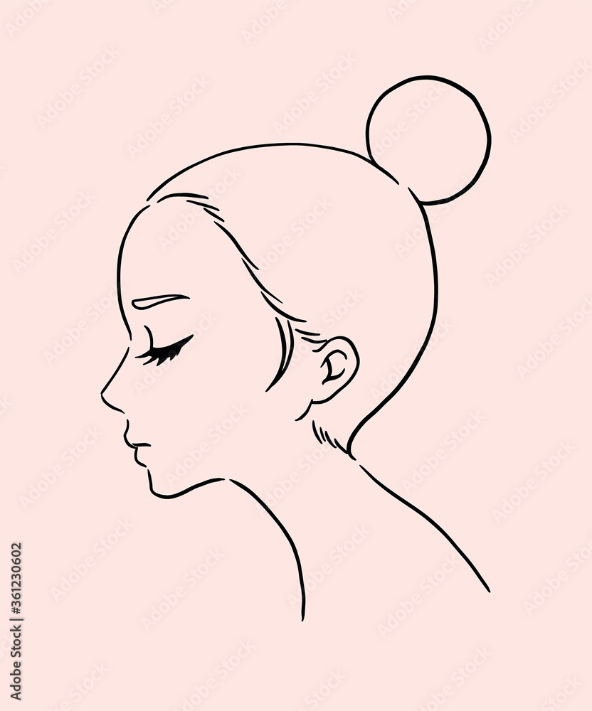 Clean line drawing of a woman with sock bun hairstyle. 