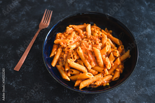 plant-based food, vegan red pesto penne pasta