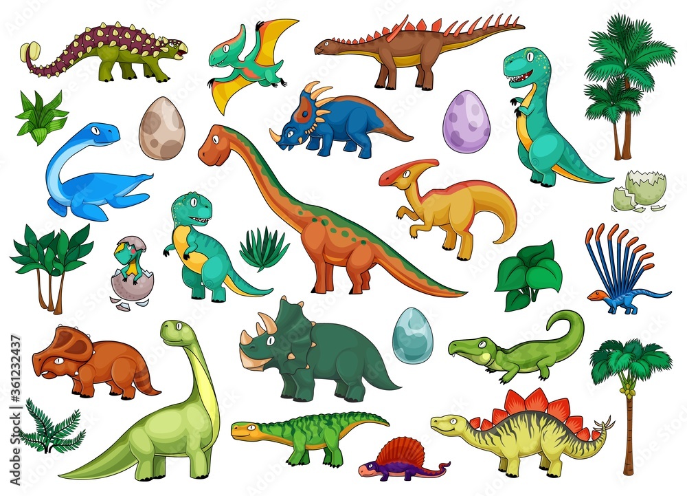 Dinosaurs cartoon set with cute dino animals, babies in eggs and palm  trees. Funny triceratops, stegosaurus, brontosaurus, t-rex and tyrannosaurus,  pterodactyl, ankylosaurus and brachiosaurus Stock Vector | Adobe Stock