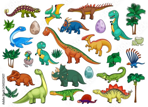 Fototapeta Naklejka Na Ścianę i Meble -  Dinosaurs cartoon set with cute dino animals, babies in eggs and palm trees. Funny triceratops, stegosaurus, brontosaurus, t-rex and tyrannosaurus, pterodactyl, ankylosaurus and brachiosaurus