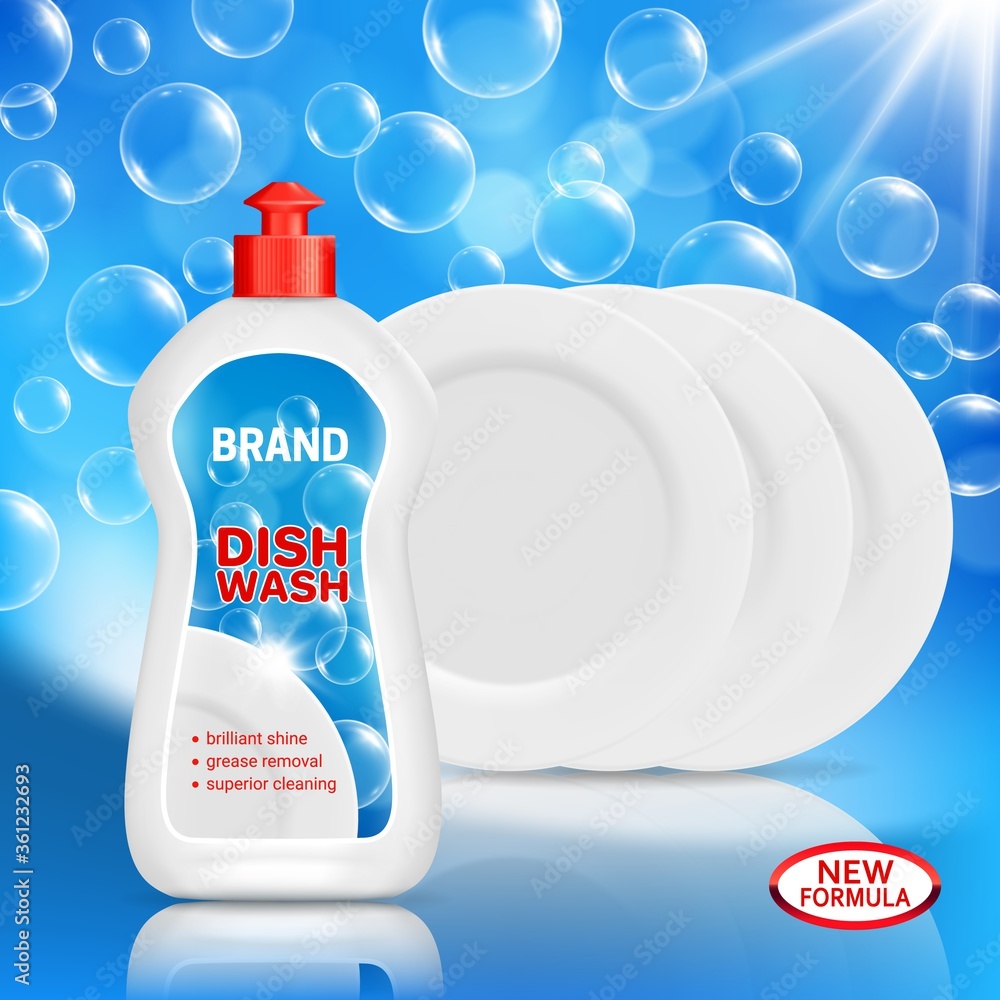 Dish wash liquid soap and clean dishes realistic vector mockup