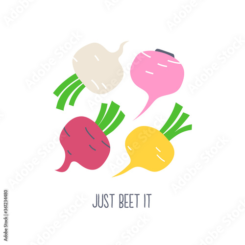 Colorful beets root vegetables hand drawn poster card illustration on white background. Just beet it.