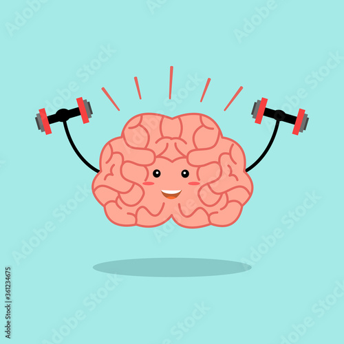 Powerful brain concept vector illustration. Brain training in flat design. Brain lifting dumbbells. Mind exercise and concentration training.