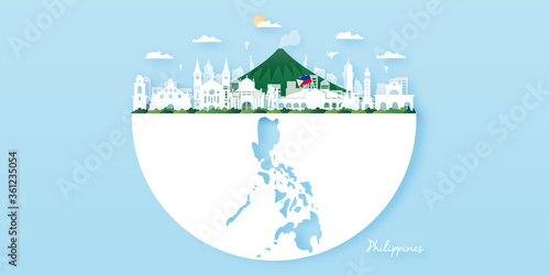 Philippines Travel postcard, poster, tour advertising of world famous landmarks. Vectors illustrations