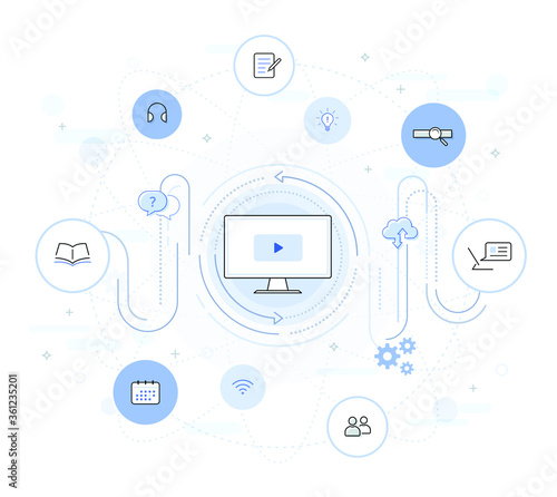 Online learning platform vector illustration. e-learning process with education icons. editable stroke icons