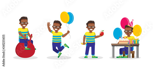 Kid character vector design presentation in various action.