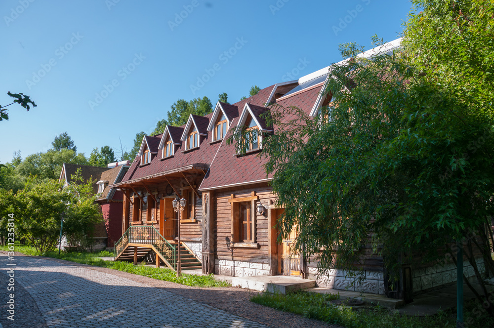 China, Heihe, July 2019: cafe House in a Russian village outside the city of Heihe in the summer