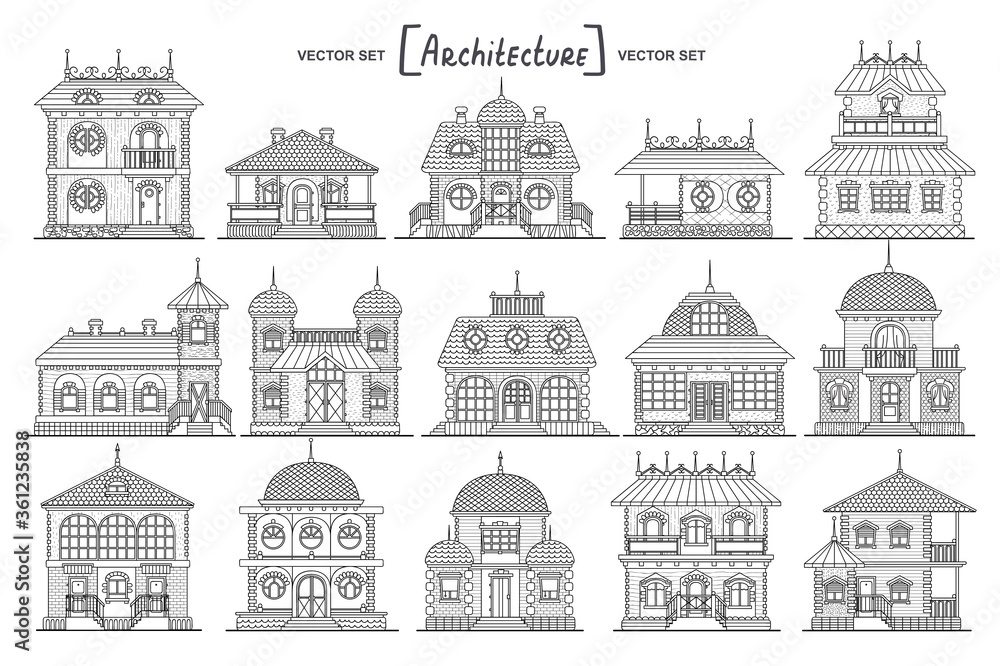 Vector set with isolated cozy houses. Detailed buildings on white background. Street exterior. Cartoon retro architecture for use in design