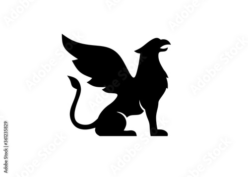 silhouette of griffin with open beak and raised wing Logo vector