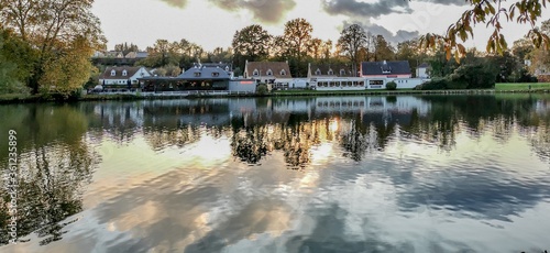 Panoramic shot of the Lake Genval located in Walloon Brabant, Belgium on a beautiful day photo