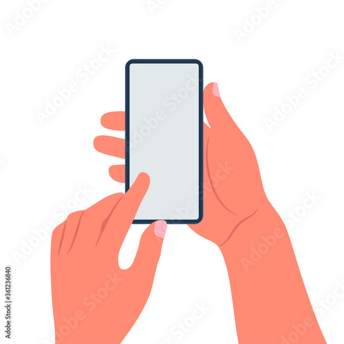 Male hands hold a modern black smart phone with green blank screen on neon green background flat lay top view. Modern technology, phone, gadget in hands, touch screen, template for your design. Mockup
