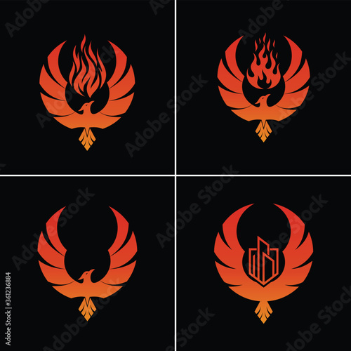 Set Phoenix Flying Fire Bird abstract Logo design vector template. Dove Eagle Logotype concept icon