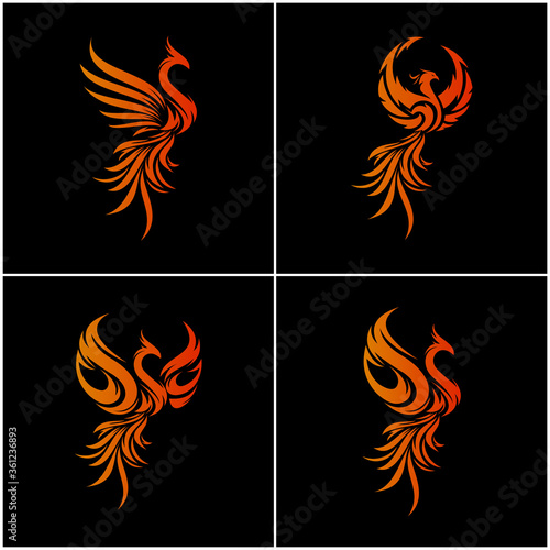 Set of Phoenix Flying Fire Bird abstract Logo design vector template. Dove Eagle Logotype concept icon