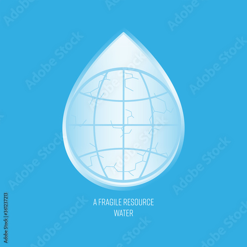 Earth line icon on water drop shape background, crack land symbol representing drought and as a gimmick of fragile water resource. Vector illustration outline flat design style.