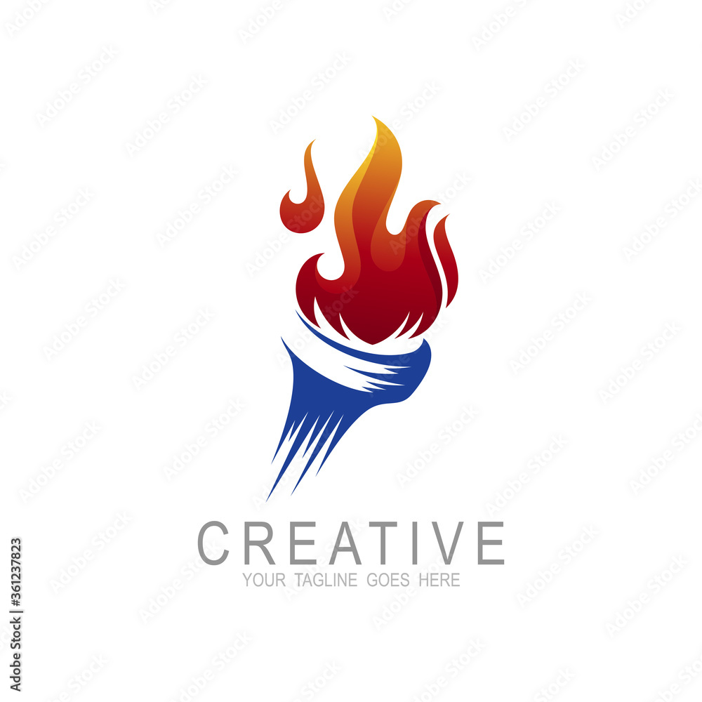 Torch fire logo vector icon, Olympic flaming torch logo, sport fire sign,  Stock Vector