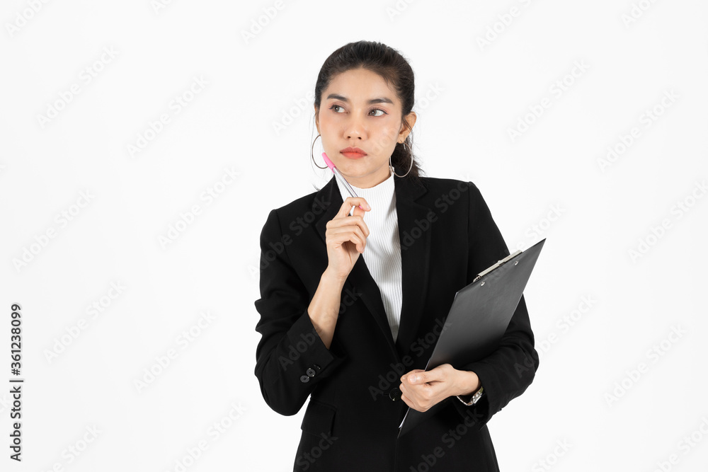Portrait of attractive young Asian business woman holding pen and having idea posing over white isolated background. Portrait of attractive young Asian business woman holding pen and having idea posing over white isolated background.