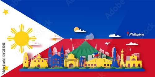 Philippines Travel postcard, poster, tour advertising of world famous landmarks. Vectors illustrations