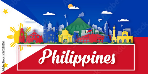 Philippines Travel postcard, poster, tour advertising of world famous landmarks. Vectors illustrations