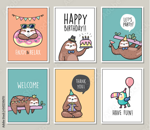 Set of sloths birthday poster/card vector illustration